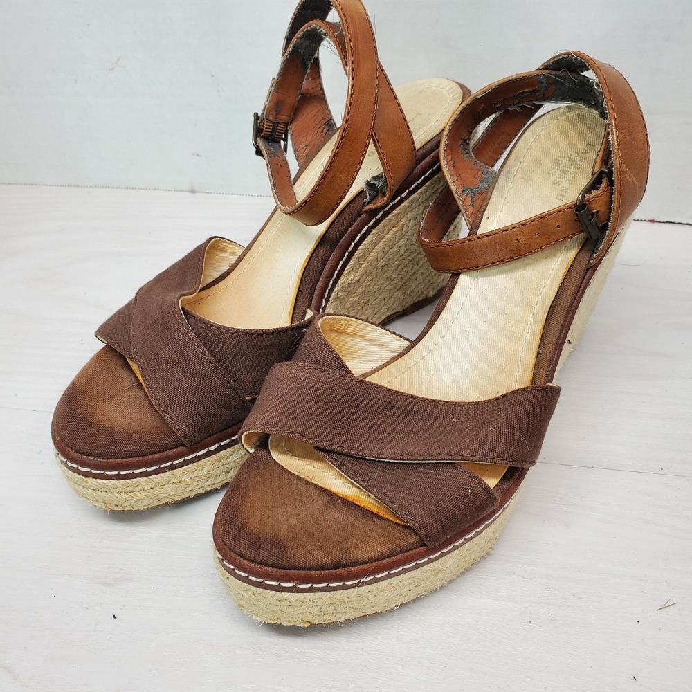 Lands End Canvas 1963 Brown Espradille Sandals Open Toe Wedge Heel Size 8 B
